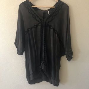 Free People V Neckline Embroidered Tunic Blouse Dark Gray Black Size Med…